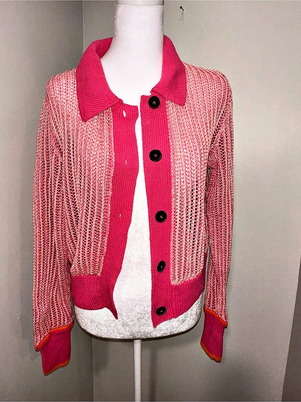 Scotch and Soda Open Knit Collared Cardigan in Pink Size Medium